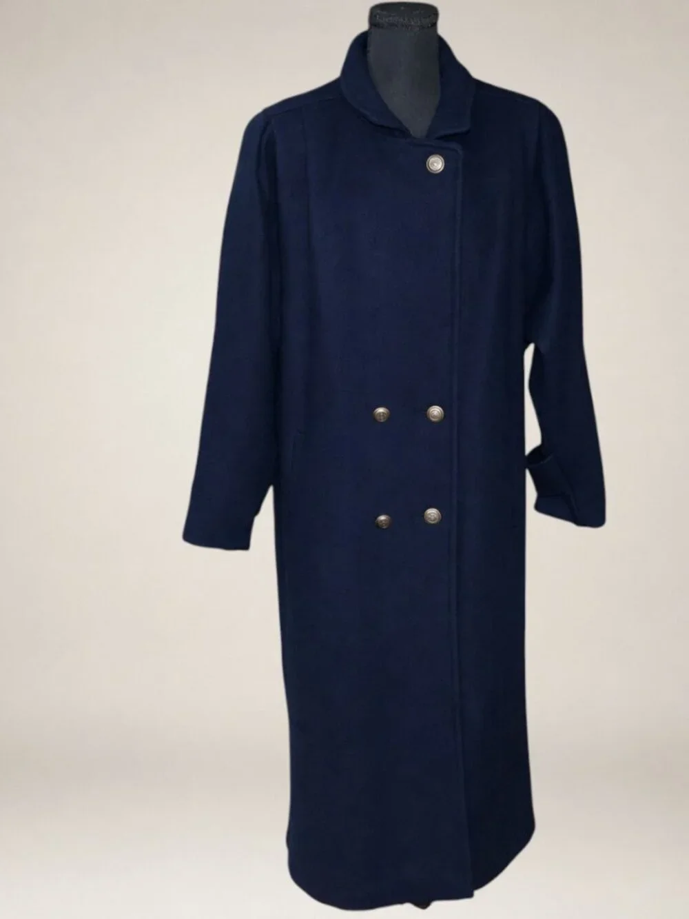 Vintage 1980s JOFELD Navy Wool Blend Double Breasted Long Coat Women's 12/14